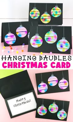 christmas cards with hanging baubles on them