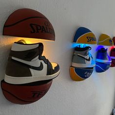 Illuminated Basketball Shelves Shoe Rack NBA Sneakers | Etsy Light Up Shoe Rack, Basketball Led Light, Cool Shoe Rack Ideas, Floor Shelves In Bedroom, Nike Room Decor Ideas, Sneaker Head Decor, Basketball Aesthetic Room, Room Design Ideas Aesthetic, Cool Etsy Finds