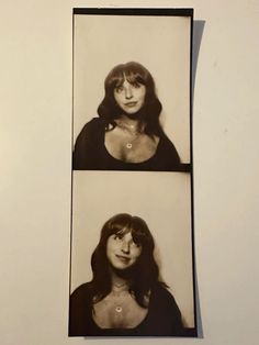 two black and white photos of a woman with long hair, wearing a black top