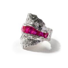 This peculiar piece features natural rough ruby crystals in their organic shape and color formed naturally without any human intervention. Their captivating irregularities are notable testaments to the raw splendor of the earth. Handcrafted by the innovative designer German Kabirski, this singular ring is a symbol of human individuality, with no duplicates in existence. Metal: 925 Silver Stones: Rough Ruby Plating: White Rhodium Ruby Crystal, Fine Art Jewelry, Forever Jewelry, Jewelry Ring Box, Lemon Quartz, Men's Jewelry Rings, Of The Earth, Ruby Ring, Womens Jewelry Rings