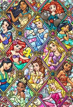 the disney princesses are depicted in this stained glass mosaic art print by artist michael miller