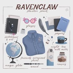 a poster with the words ravenclaw written in english and pictures of items from harry potter