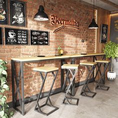 a restaurant with brick walls and wooden tables