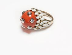 David Webb 18K Gold Coral Diamond & Enamel Ring Vintage Diamond Enamel Round Ring, Vintage Round Diamond Enamel Ring, Formal Round Enamel Diamond Ring, Fine Jewelry Collectible Enamel Ring, Collectible Enamel Fine Jewelry Ring, David Webb, Genuine Love, Enamel Ring, Crown Jewels