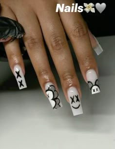 #whitenail #nails #kaws Simple Nails Design Square, Kids Nails Halloween, Simple Nails Design Black, White Nails With Black Designs Simple, Black And White Kaws Nails, Kaws Nails Black, Cool Nail Inspo 2024 Square, Street Art Nails, Birthday Nails 16