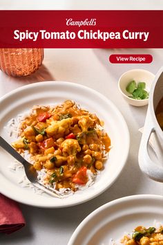 two plates of food on a table with the words spicy tomato chickpea curry