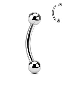 a shiny metal ball belly ring with two balls on the top and one in the middle