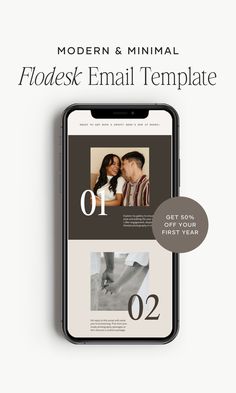 the modern and minimal florist email template is displayed on an iphone with text overlay