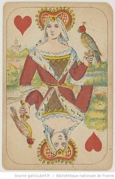 the queen of hearts playing card has two birds on her arm and is holding an apple