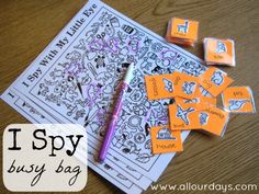 I Spy Busy Bag (1 of 5 Dry Erase Busy Bag Ideas) 31 Days of Busy Bags & Quiet Time Activities @ AllOurDays.com Busy Bag Ideas, Activity Bags, Quiet Time Activities, Busy Boxes, Kindergarten Ideas, Busy Bags, Time Activities, Busy Toddler