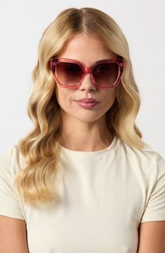 An angular cat-eye silhouette puts a contemporary spin on lightweight sunglasses fitted with suave gradient lenses. 55mm lens width; 16mm bridge width; 140mm temple length   100% UV protection   CR-39 lenses   Acetate   Imported   DIFF Eyewear participates in give-back initiatives that provide reading glasses to those in need Modern Cat Eye Sunglasses With Gradient Lenses For Spring, Modern Spring Cat Eye Sunglasses With Gradient Lenses, Pink Cat Eye Sunglasses With Gradient Square Frame, Pink Cat Eye Sunglasses With Square Gradient Lenses, Pink Square Frame Cat Eye Sunglasses With Gradient Lenses, Pink Cat Eye Sunglasses With Gradient Lenses, Modern Cat Eye Sunglasses With Uva Protection For Spring, Modern Cat Eye Sunglasses With Uva Protection, Spring Cat Eye Shield Sunglasses With Gradient Lenses