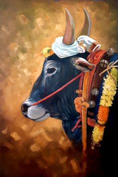 an oil painting of a bull wearing a headdress