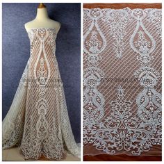 an image of a white lace dress on a mannequin head stand and another photo of the back of a gown