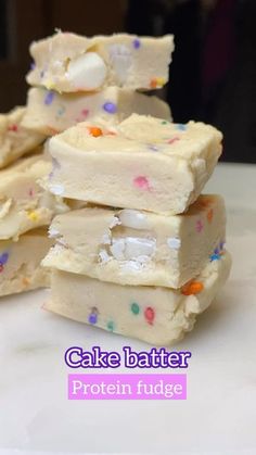 cake batter protein fudge stacked on top of each other