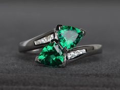 emerald ring anniversary ring trillion cut green gemstone May birthstone sterling silver ring Meaningful Rings, Vintage Emerald Engagement Ring, Two Stone Ring, Gem Rings, Me And My Man, Smaragd Ring, Cut Rings, Heirloom Jewelry, Dream Rings