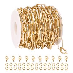 a spool of gold chain with lots of hooks