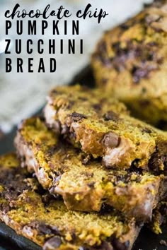 chocolate chip pumpkin zucchini bread stacked on top of each other with text overlay