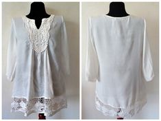 Vintage White top/tunic with crochet details. Material - 100% viscose Made in India Label size L Measurements armpit to armpit 20.5''/52cm length 30''/77cm sleeves 17''/43cm Very good condition condition Summer Beach Tops With Lace Sleeves, White Viscose Beach Tops, White Rayon Beach Blouse, Bohemian Tunic Top With Lace Trim, Fitted Crochet Lace Blouse For Vacation, Fitted Lace Work Top For Beach, Fitted Beach Blouse With Crochet Trim, Fitted Crochet Trim Blouse For Vacation, Bohemian Stretch Lace Top