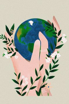 two hands holding the earth surrounded by flowers