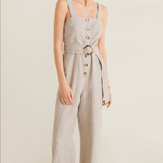 100% Linen. Midi Design. Flared Design. Striped Print. Square Neckline. Straps. Button Fastening On The Front Section. Tortoiseshell Effect Buttons. Mng Chic Beige Jumpsuit With Buttons, Chic Cotton Jumpsuits And Rompers With Button Closure, Beige Jumpsuits And Rompers With Button Closure For Spring, Summer Linen Jumpsuits And Rompers With Button Closure, Elegant Button-up Jumpsuits And Rompers For Summer, Elegant Summer Button-up Jumpsuits And Rompers, Elegant Spring Jumpsuits And Rompers With Buttons, Chic Jumpsuits And Rompers With Buttons For Day Out, Elegant Summer Jumpsuits And Rompers With Buttons