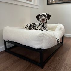 a dalmatian dog is sitting in his bed