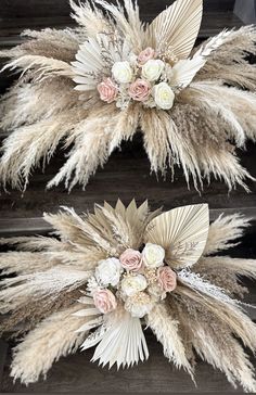 two flower arrangements made out of feathers and flowers