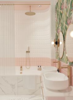 a bathroom with two sinks and a bathtub next to a shower curtain that has pink flowers on it