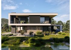 an architectural rendering of a modern house on the water's edge with grass and trees around it