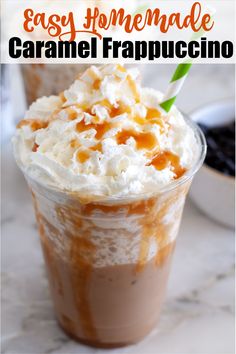 caramel frappeccino in a glass with whipped cream on top