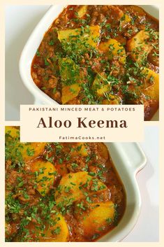 two pictures of aloo keema in a white dish with green garnish