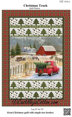 a christmas quilt with an old red truck and trees