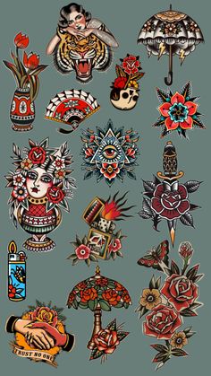 an assortment of tattoos and designs on a gray background, including roses, skulls, umbrellas