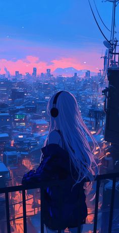 a woman with long white hair standing on top of a building looking out at the city