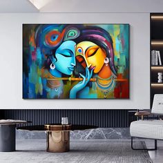 a painting on the wall of a living room