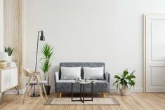 a living room with white walls and wooden flooring, two couches, potted plants