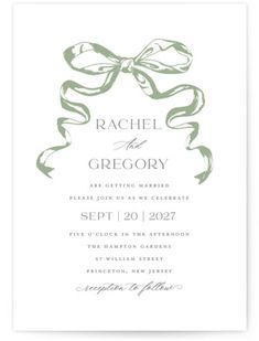 an elegant bow is the centerpiece of this modern wedding card, which features green ink and