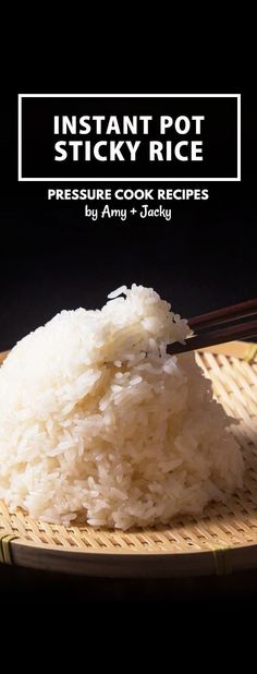 instant pot sticky rice on a plate with chopsticks