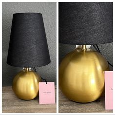 two pictures of a lamp and a price tag on a table next to each other