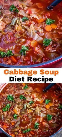 cabbage soup with carrots, celery and meat in a large pot on the table