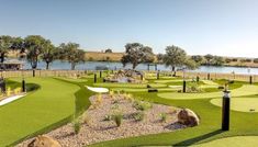 an artificial golf course with water in the background