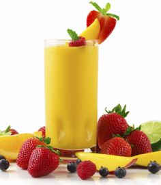 an orange smoothie with strawberries and bananas