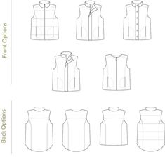 the front and back views of different styles of vests, from top to bottom