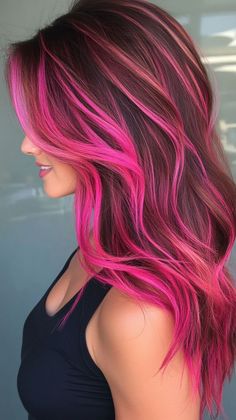 Multi Pink Hair, Red Hair For Blondes, Brown With Pink Hair, Dyed Underlayer, Bright Red Highlights In Brown Hair, Brunette And Pink Hair, Underhair Color, Pink Hair Color Ideas For Brunettes, Pops Of Color Hair