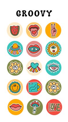 various stickers with the words grooy written in different colors and shapes on them