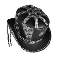 Material: Faux Leather 
Weight: 0.6KG 
Size: One Size 
Hat Diameter: 29.5CM/11.6" 
Height: 15CM/5.9" 
SKU:?FHT074BK Black Biker Cap, Black Top Hat For Winter Rodeo, Black Winter Top Hat For Rodeo, Black Top Hat For Rodeo In Winter, Adjustable Black Top Hat For Winter, Black High Crown Hat For Halloween, Adjustable Black Top Hat For Halloween, Black Hat With Adjustable Leather Sweatband, Adjustable Black Hat With Leather Sweatband