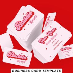 business card template with red and white lettering on the front, and two different sized cards in