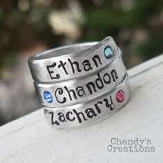 "Chandy's Creations-3-Names-Birthstones-Solid WRAP Ring-Mother's-Ring-Stacked-Rings-Present-Gift-Band-Customized-Thumb-Pinky-Hammered-Set-Three-Aluminum-Stamped Please read the shop Announcement for current and important information prior to purchase. WELCOME TO CHANDY'S CREATIONS! I am so happy you found my little shop Feel free to browse my other listings. I offer a wide range of Handmade items such as personalized Rings, Wearable Wire Art, Spoon Jewelry, Customized Flatware, Keychains, Rememb Adjustable Hand Stamped Jewelry For Anniversary, Hand Stamped Adjustable Jewelry For Anniversary, Customizable Adjustable Silver Jewelry, Custom Personalized Silver Jewelry, Adjustable Silver Ring For Personalized Gift, Silver Hand Stamped Jewelry For Birthday, Birthday Hand Stamped Silver Jewelry, Stamped Adjustable Jewelry For Personalized Gifts, Adjustable Stamped Jewelry For Personalized Gifts