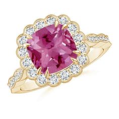 Designed to evoke your innate elegance, this double claw prong pink tourmaline ring features a captivating floral pattern. A halo of glimmering round diamonds surrounds the deep pink tourmaline like shimmering petals of a flower. Sparkling diamonds adorn the scalloped shank and the gallery. The intricate milgrain work on the edges enhances the breathtaking beauty of this 14K Solid Gold cushion pink tourmaline ring. Birthstone for the month of October and traditional gemstone gift for 5th, 8th, 1 Jewelry Wishlist, Floral Halo, Gold Cushions, Pink Tourmaline Ring, Claw Prong, Ring Birthstone, Breathtaking Beauty, Tourmaline Ring, Deep Pink