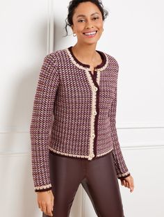 Our season-staple cardigan. Crafted with an elegant tweed finish and easy button front closure. Features Cardigan Long Sleeve Hits At Hip Crew Neck Button front closure Straight hem Imported Fit: Misses: 21 1/2"; Petite: 20 1/2"; Plus: 24"; Plus Petite: 22 1/2" Material: 43% Cotton, 37% Acrylic, 13% Wool, 7% Other Fibers Care: Machine Wash Cold; Only Non-Chlorine Bleach When Needed; Reshape, Lay Flat To Dry; Cool Iron, If Needed | Tweed Crewneck Cardigan Sweater Talbots Staple Cardigan, Crewneck Cardigan, Classic Style Women, Cardigan Long, Classic Outfits, Women's Coats & Jackets, My Clothes, Dresses Shoes, Work Clothes