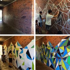 three pictures of people painting on the side of a brick wall with different colors and shapes